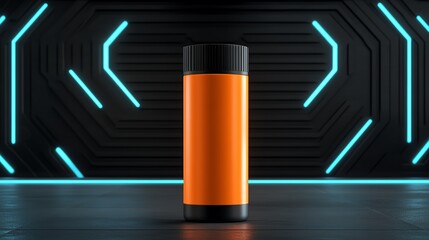A bold orange hair color spray can, glowing softly against a futuristic glowing background