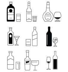Set of wine bottle with wine glasses in line icons. Wine bottle and glasses silhouette vector. Minimalist wine bottles and glasses illustration conveys elegance. Vector illustration.
