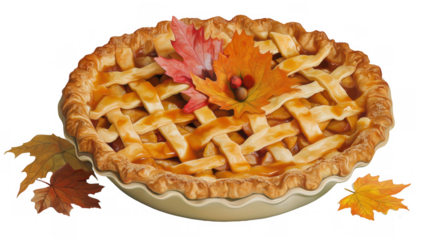 Lovely lattice pie with fall leaves, created with AI, PNG