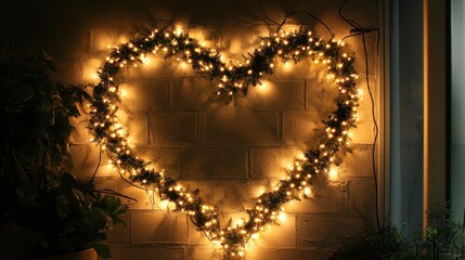 Heart-Shaped Christmas Lights Adorning Brick Wall