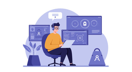 Programmer coding on laptop with multiple monitors and bag