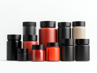 A collection of vibrant red and black hair dye jars, displayed symmetrically against a minimalist backdrop