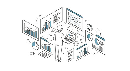 Isometric concept of a person analyzing financial data and business reports with interactive charts and graphs