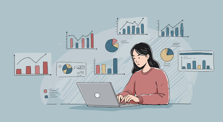 Dedicated Analyst Working on Laptop with Data Visualizations, Charts, and Graphs for Business Insights