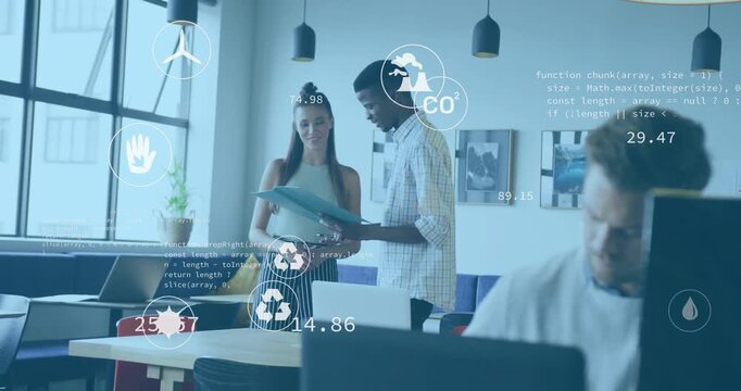 Man presenting blue folder initiating business chart reviewing with floating CO?, bar graph icons