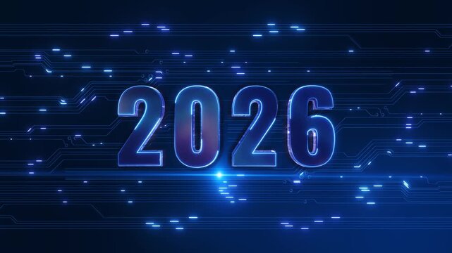 Glowing neon line word new year 2026 background. industry 5.0 revolution future technology new year beginning, happy celebration, festival, new life, growth business, investment, finance, innovation.