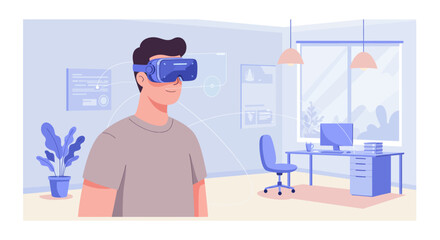 Man in VR Headset Experiencing an Immersive Virtual Office Environment, Exploring Future of Work and Digital Interaction