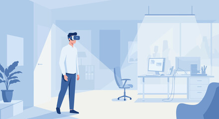 Man using virtual reality headset in modern office environment