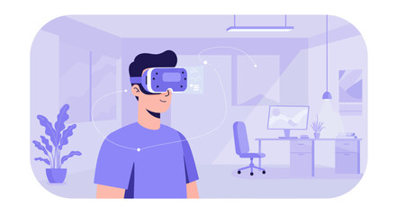 Man Immersed in Virtual Reality Technology, Experiencing Digital World