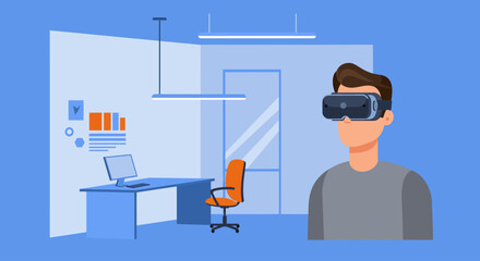 Man wearing virtual reality headset in modern office