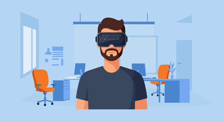 Man wearing virtual reality headset in modern office environment