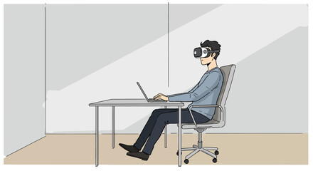 Person wearing VR headset using laptop at desk illustration
