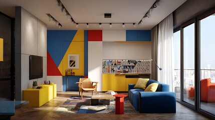 Compact apartment with primary color panels and Memphis-style side tables