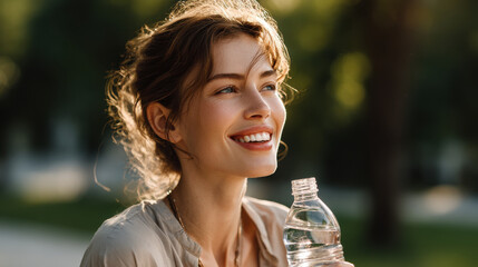 joyful woman holding water bottle looks towards sky radiating happiness