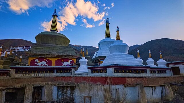 Timelapse beautiful stupas at Lamayuru Monastery at sunset. Lamayuru Monastery, also known as Yuru Gompa, is one of the oldest and largest monasteries in Ladakh, India