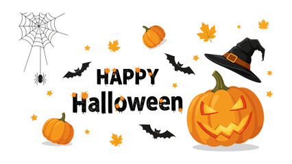 Happy Halloween: Festive Halloween design with a Jack-o'-lantern, spooky spiderweb, bats, and witch hat and pumpkins.