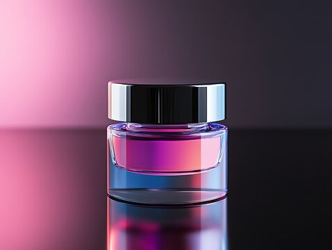 A metallic purple hair dye jar, resting artistically on a polished glass table with glowing accents