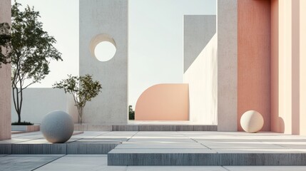 Minimalist Architectural Design: Serene Courtyard with Geometric Forms and Subtle Color Palette