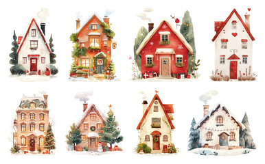 PNG Charming festive winter cottages illustration, element set on transparent background