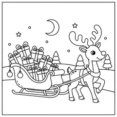 Christmas present illustration of reindeer pulling sleigh loaded with wrapped gifts under crescent moon and stars in snowy landscape with pine trees