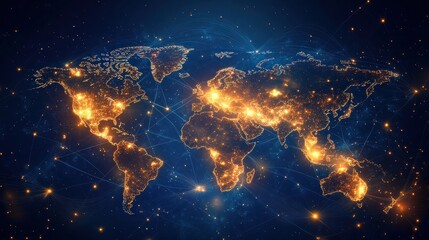 A world map illuminated with city lights and interconnected network lines in a dark space background