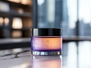 A realistic render of a purple hair dye jar with an intricate floral design, glowing softly on a marble counter