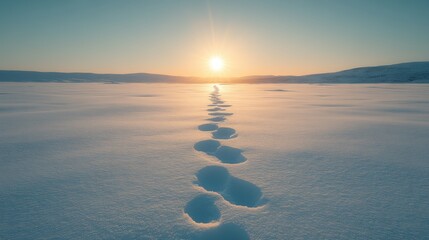 Tranquil Winter Landscape with Footprints in Fresh Snow at Sunrise