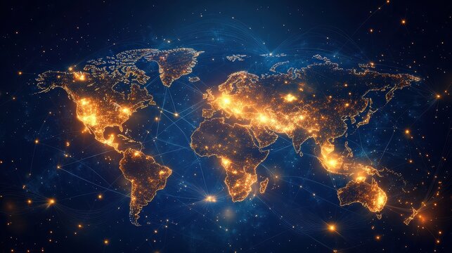 A world map illuminated with city lights and interconnected network lines in a dark space background