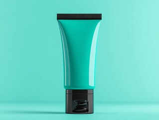 A realistic render of a vibrant teal hair dye tube, placed artistically against a neutral gradient backdrop