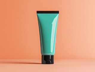 A realistic render of a vibrant teal hair dye tube, placed artistically against a neutral gradient backdrop