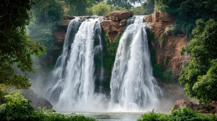 Obraz premium Majestic Waterfalls Cascading Down Rocky Cliffs Surrounded by Greenery