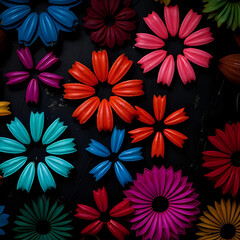 Obraz premium Vibrant floral mosaic of stylized neon daisies and gerberas in multiple bright colors, set on a dark textured background