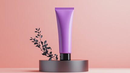 A realistic render of a vibrant purple hair dye tube, placed elegantly on a brushed metal platform
