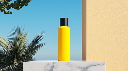 A realistic render of a vibrant yellow hair dye bottle, artistically displayed on a marble platform