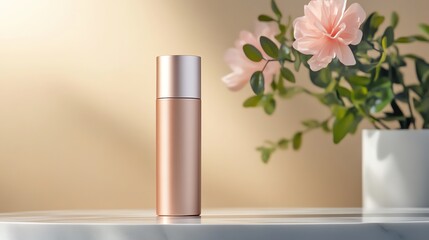 A sleek metallic hair dye tube, rose gold, placed on a polished marble table under warm studio lighting