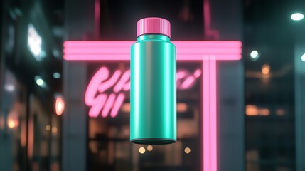 A vibrant green hair dye spray can, suspended midair with glowing neon lights surrounding it