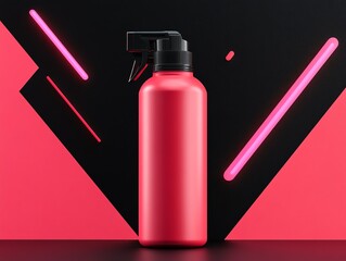 A vibrant red hair dye spray can, glowing softly in a dynamic abstract setting with sharp lighting