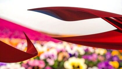 Abstract red shapes over colorful flowers