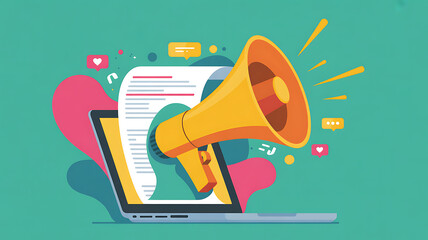 Megaphone Emerging from Laptop Screen Keywords: megaphone, laptop, computer, screen