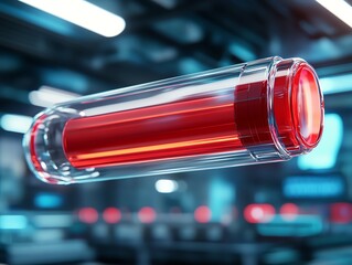 A vibrant red hair dye tube, suspended midair in a glowing futuristic environment