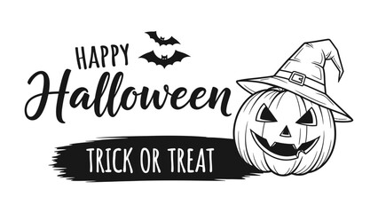 Spooky Halloween Illustration: A festive monochrome illustration celebrates Halloween with a grinning jack-o'-lantern wearing a witch's hat.