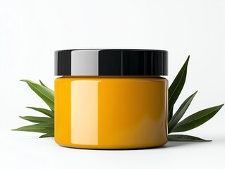 A vibrant yellow hair dye jar, glowing softly against a clean white background with soft shadows