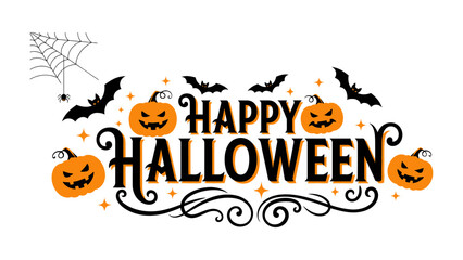 Spooky Halloween Gathering: A vibrant and spooky illustration of the Happy Halloween text, complemented by bats, pumpkins and cobwebs. The design evokes a sense of Halloween.