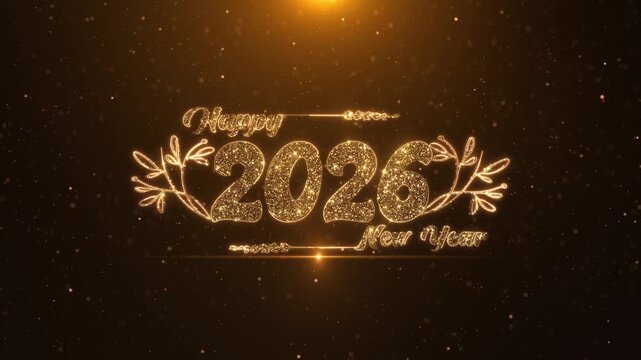Happy New Year 2026 wishes gold text animated fireworks, sparks explosions. for Holidays, Events, Messages Celebrations. clock countdown, falling confetti effects Luxury festive sparkle invitation