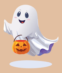 A charming ghost character holding a carved pumpkin bucket, ready to gather Halloween treats