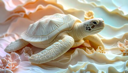 
A 3D relief painting created from layers of carved soap, smooth pastel gradients and gentle contours forming a turtle hyper-detailed texture with a delicate handmade softness
