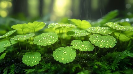 Close-Up of Vibrant Green Round Leaves Covered in Clear Water Drops: Blurred Green Plant Background & Soft Sunlight Through Trees