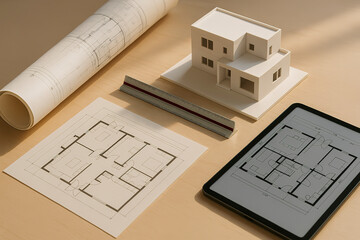 Architecture Concept with Blueprint Scale Model and Ruler on Desk