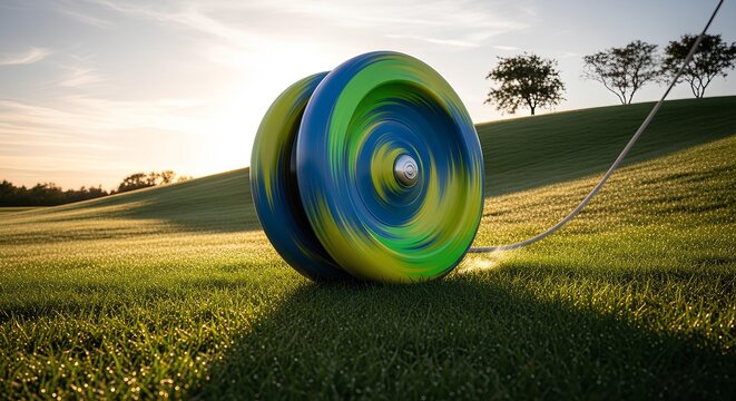Gigantic playful yo-yo rolling down a grassy hill, motion blur and golden-hour lighting