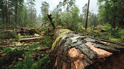 Fototapeta premium The image shows a fallen tree covered in moss, surrounded by a lush forest of tall trees, creating a serene, natural atmosphere.